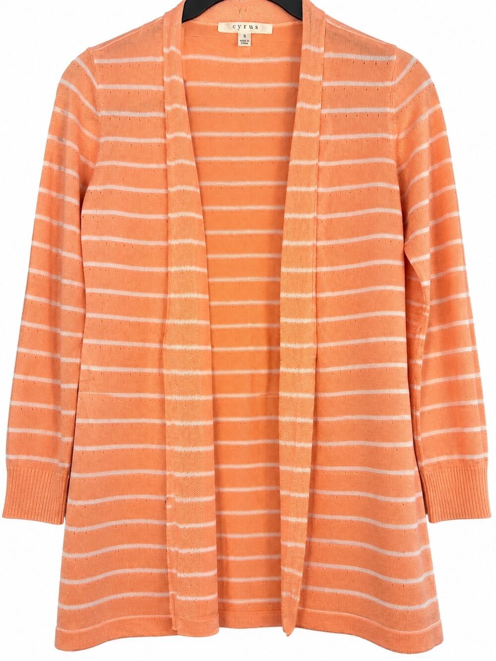 Cyrus Women’s Long Cardigan Size S Coral Orange White Stripe Open Front Viscose